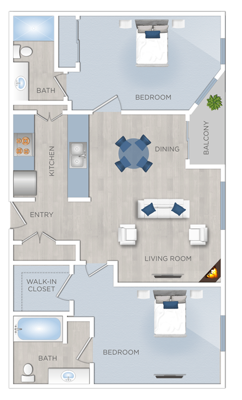 Floor plan for 2 beds, 2 baths, 1163 sqft